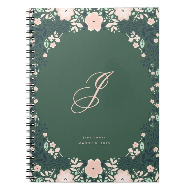 Caderno Espiral Verde Esmeralda Monograma Floral Macio Pessoal Per (Frente)