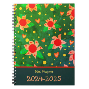 Caderno Espiral Verde-Flores Retrorísticas Personalizadas do Profe
