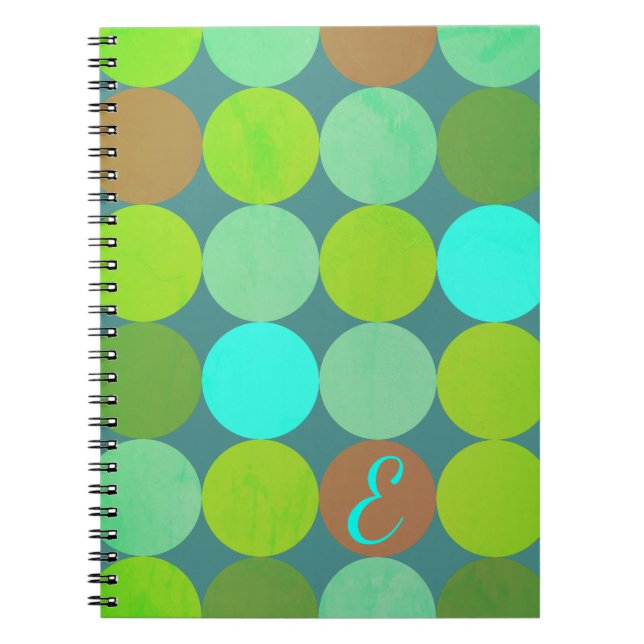 Caderno Espiral Verde limão Turquesa Teal e Círculos de Ferrugem M (Frente)