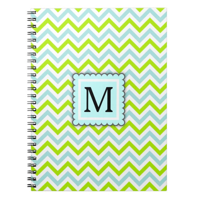 Caderno Espiral Verde & monograma azul do costume de Chevron do (Frente)