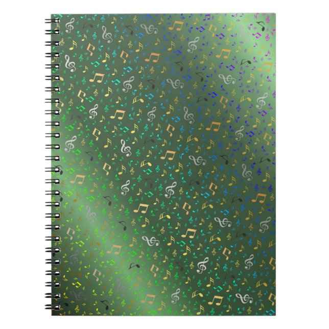 Caderno Espiral verde,Nota Musical+, luxo, ouro, real, elegante, (Frente)