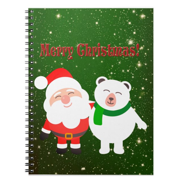 Caderno Espiral Verde, Papais noeis e Urso Suave (Frente)