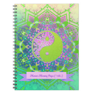 Caderno Espiral Verde rosa Yin Yang Mandala Geometria Mandala