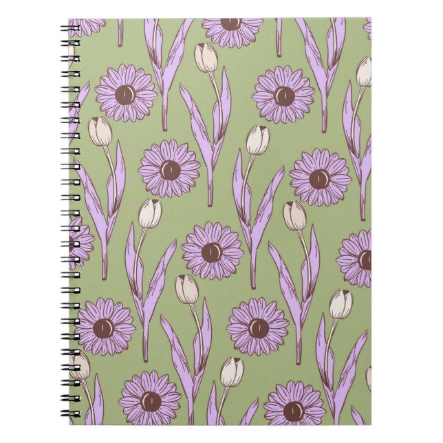 Caderno Espiral Verde Roxo de flor selvagem Boho Moderno Design (Frente)