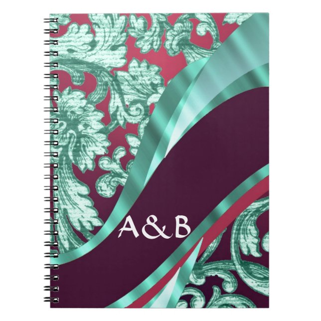 Caderno Espiral Verde teal e damasco magenta (Frente)
