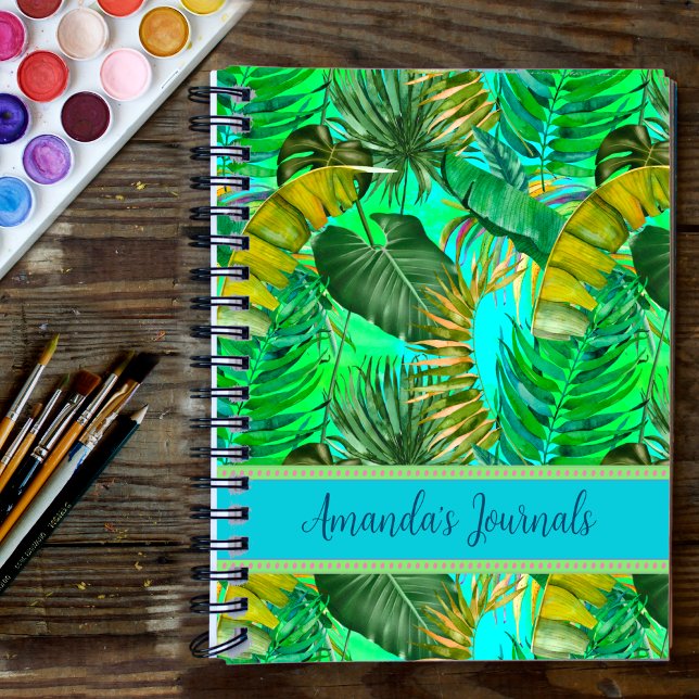 Caderno Espiral Verde tropical elegante deixa padrão azul amarelo (Criador carregado)