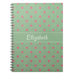 Caderno Espiral Verde Vintage com Padrão de Bolinhas Rosa