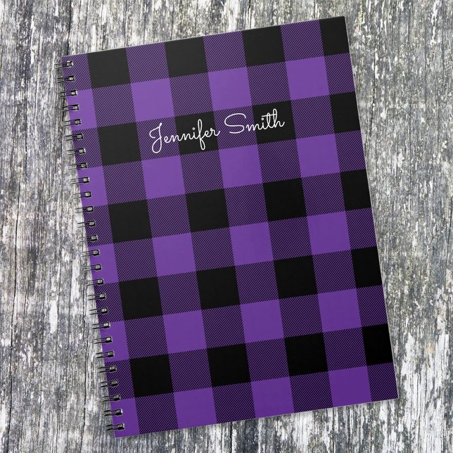 Caderno Espiral Verificação de Búfalo Roxo e Preto Moderno (Criador carregado)