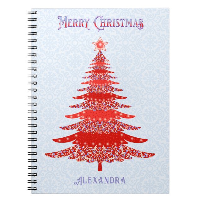 Caderno Espiral Vermelho Azul Árvore de Natal Moderno Personalizad (Frente)