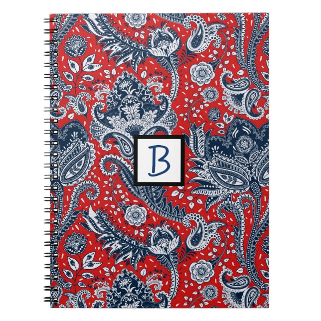 Caderno Espiral Vermelho Branco e Azul Floral Paisley Bohemian Boh (Frente)