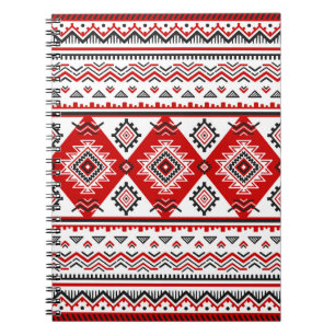 Caderno Espiral Vermelho branco preto étnico, motivos ucranianos.