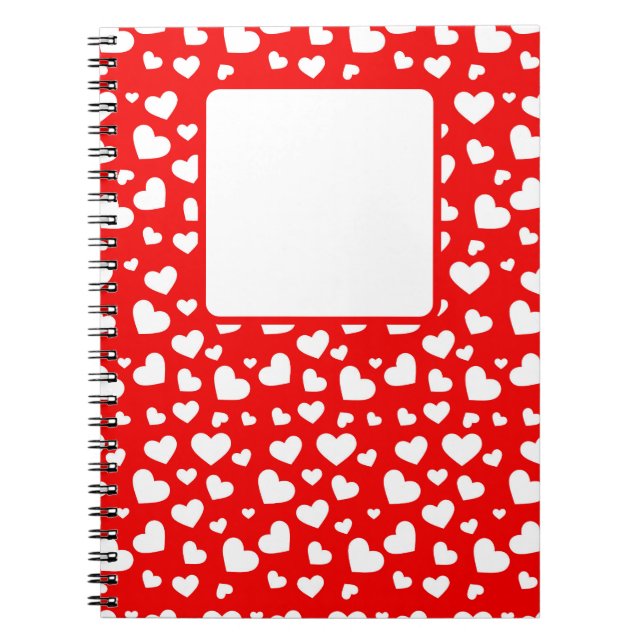 CADERNO ESPIRAL VERMELHO BRILHANTE COM CORAÇÕES DE NAMORADOS BRANC (Frente)