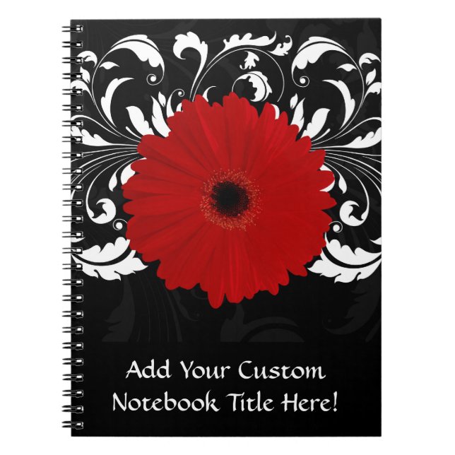 Caderno Espiral Vermelho brilhante Gerbera Daisy em preto (Frente)