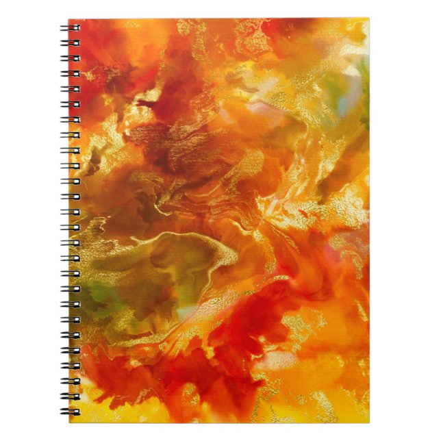 Caderno Espiral Vermelho mármore, laranja, ouro e amarelo (Frente)
