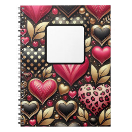 CADERNO ESPIRAL VERMELHO PINK PRETO, CORAÇÃO DOURADA DO AMOR DO NA