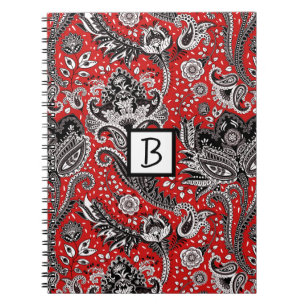 Caderno Espiral Vermelho Preto & Branco Floral Paisley Boêmio Boho