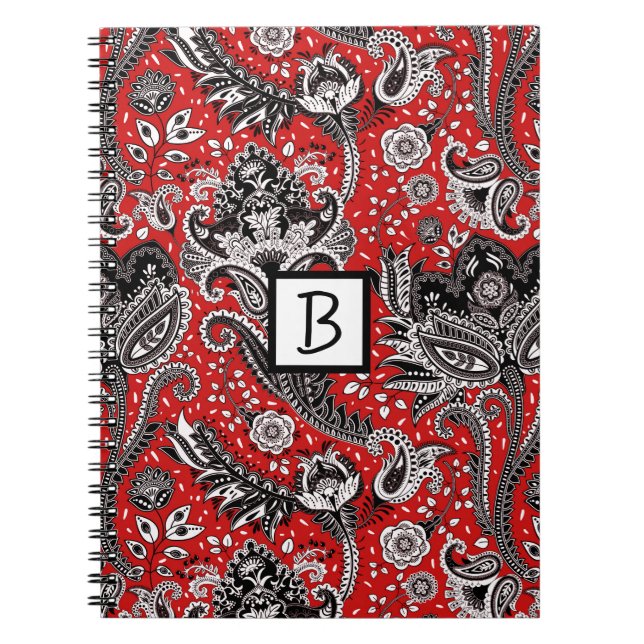 Caderno Espiral Vermelho Preto & Branco Floral Paisley Boêmio Boho (Frente)