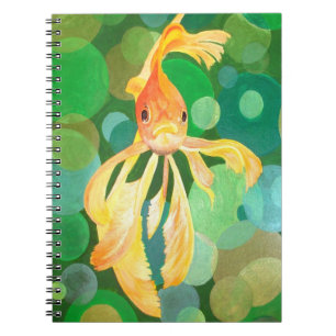 Caderno Espiral Vermilion Goldfish Nadando Em Bolhas Verdes