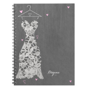 Caderno Espiral Vestido de Noiva com Renda Moderna Cinza Chic Chuv