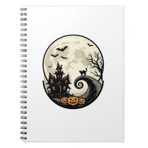 Caderno Espiral Vetor de Casa Assombrada Gato de Halloween Vintage