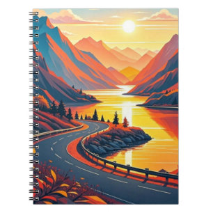 Caderno Espiral Viagem cênico em estrada enrolada, pôrs do sol