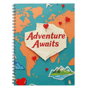 Caderno Espiral Viagem do mapa mundial com pinos cardíacos