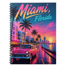 Caderno Espiral Viagem Miami Flórida Retro Neon Pôr do Sol