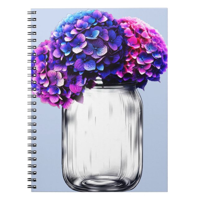 Caderno Espiral Vibração Púrpura Azul Cor-de-rosa Hidrangea Floral (Frente)