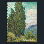 Caderno Espiral Vincent Van Gogh Cypress Monograma Impressionista<br><div class="desc">Belo trabalho de arte impressionista famoso pintor impressionista Vincent Van Gogh. Este caderno de arte impressionista apresenta árvores ciprestes em um campo em frente a nuvens em espiral e uma lua no céu. Monograma com seu nome para um diário adorável.</div>