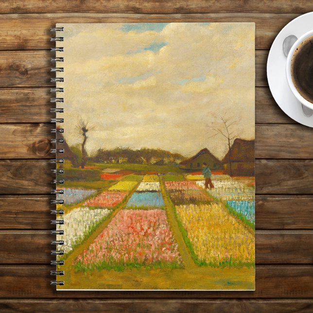 Caderno Espiral Vincent van Gogh Flower Beds na Holanda (Van Gogh Flower Beds in Holland Notebook on Rustic Brown Wood Tabletop with Coffee)