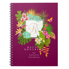 Caderno Espiral Vinho do Monograma de Jardim Tropical