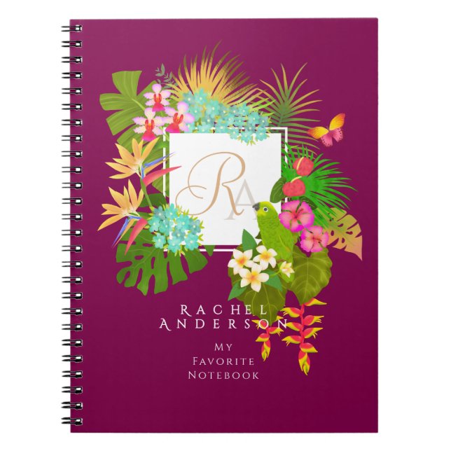 Caderno Espiral Vinho do Monograma de Jardim Tropical (Frente)