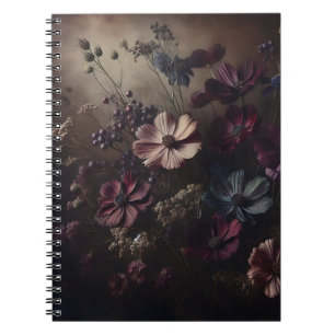 Caderno Espiral Vintage Anemone Flower Buquê Arte Botânica Escura