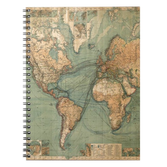 Caderno Espiral Vintage Antigo Mapa Mundial Antiquado (Frente)