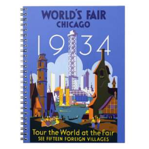 Caderno Espiral Vintage Art Deco Chicago 1934 Fair Poster