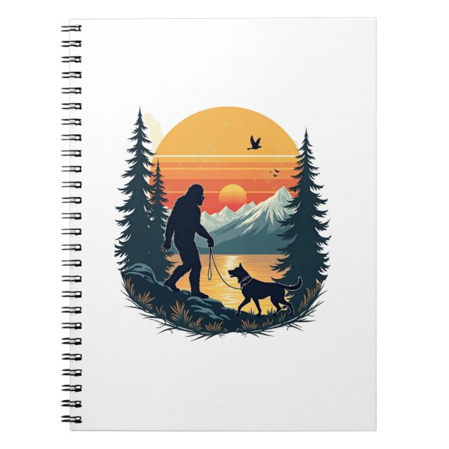 Caderno Espiral Vintage Bigfoot Walking Dog Mountain Sunset Retro  (Frente)