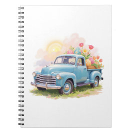 Caderno Espiral Vintage Blue Truck with Easter Eggs & Tulips