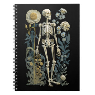 Caderno Espiral Vintage boho mágico esqueleto floral em preto