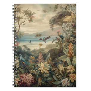 Caderno Espiral Vintage botânica bird flores no paraíso