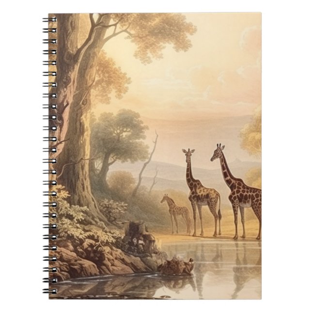 Caderno Espiral Vintage botânica das girafas pelo rio (Frente)