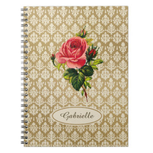Caderno Espiral Vintage Cor damasco rosa rosa Dourada e nome