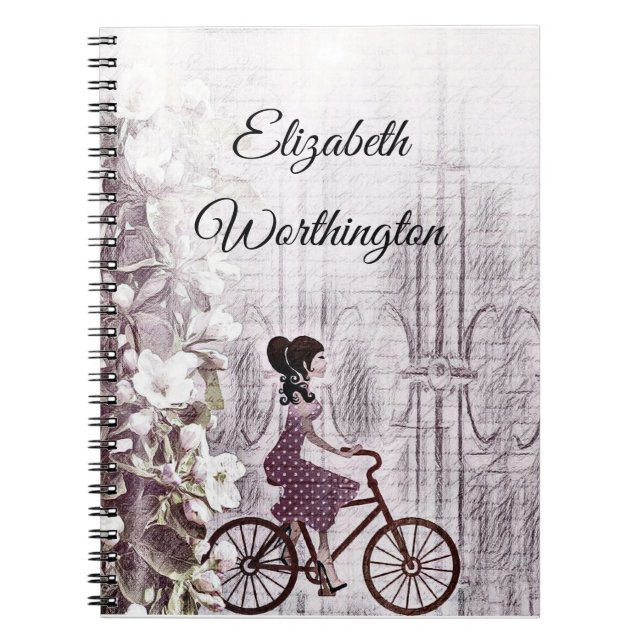 Caderno Espiral Vintage Desenho de Jovem em Bicicleta (Frente)