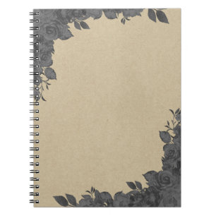 Caderno Espiral Vintage Flores Rosas Preto Escuro Kraft Glamour Rú