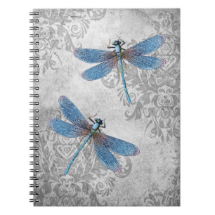 Caderno Espiral Vintage Grunge Damask Dragonflies