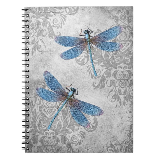 Caderno Espiral Vintage Grunge Damask Dragonflies (Frente)