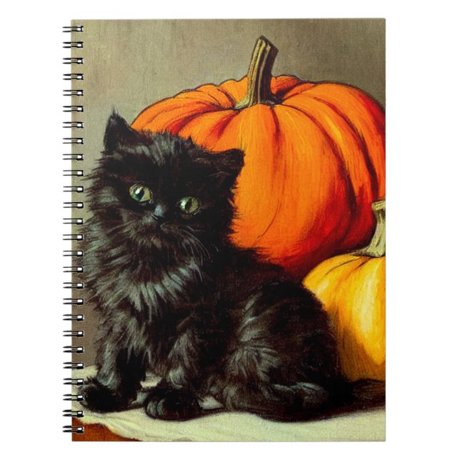 Caderno Espiral Vintage Halloween Black Cat e Pumpkins (Frente)