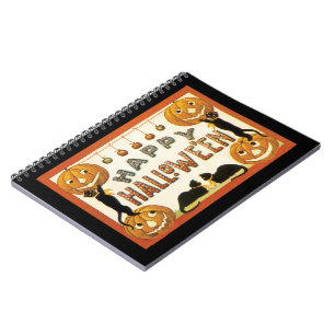 Caderno Espiral Vintage Halloween, Retro Cats com Pumpkins
