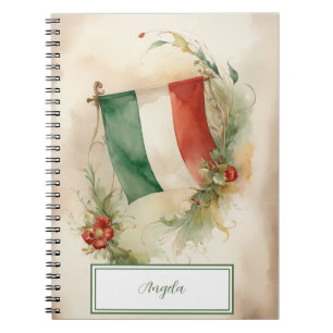 Caderno Espiral Vintage Italiana Flag Watercolor   seu nome