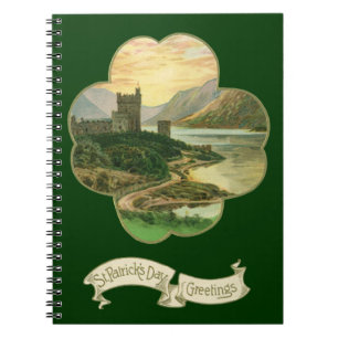 Caderno Espiral Vintage Lucky Dourada Shamrock com um castelo irla