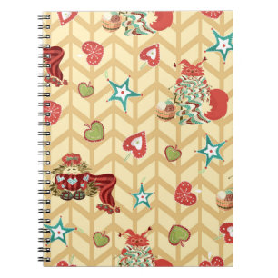 Caderno Espiral Vintage mão desenhada natal padrão sem costura vír
